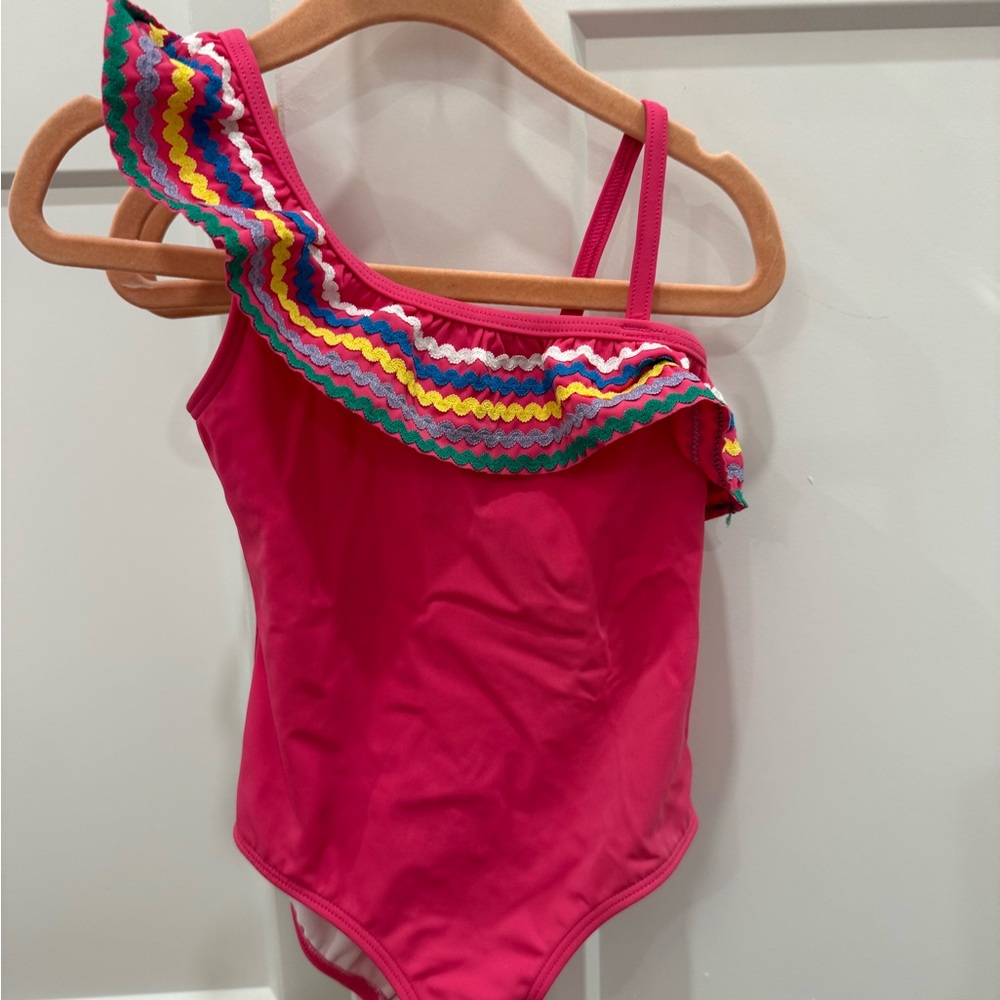 Mini Boden Bright Pink One-Shoulder Ruffle Swimsuit
